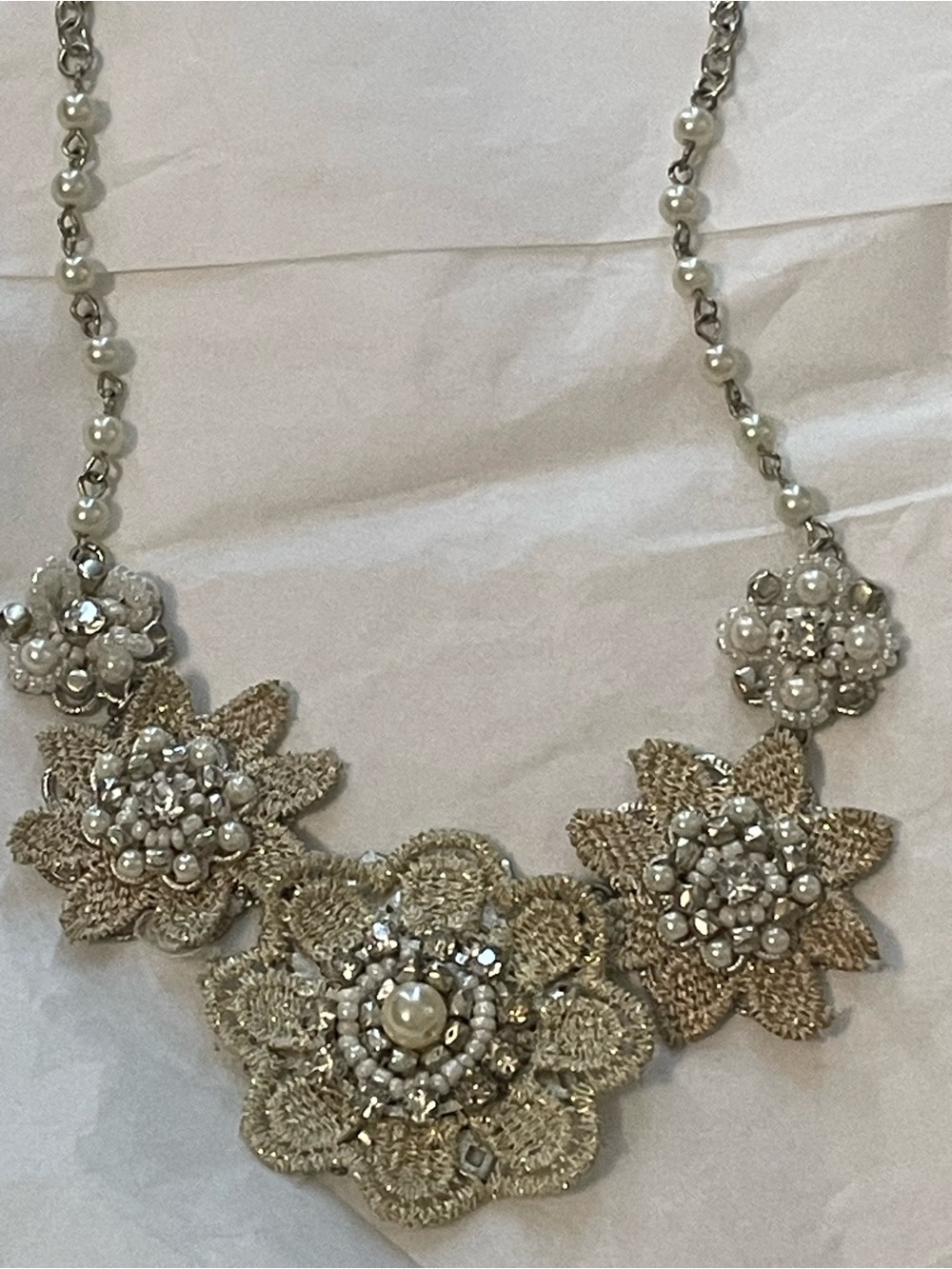 Floral Pearl and Cloth Statement Necklace - offwhite and tan